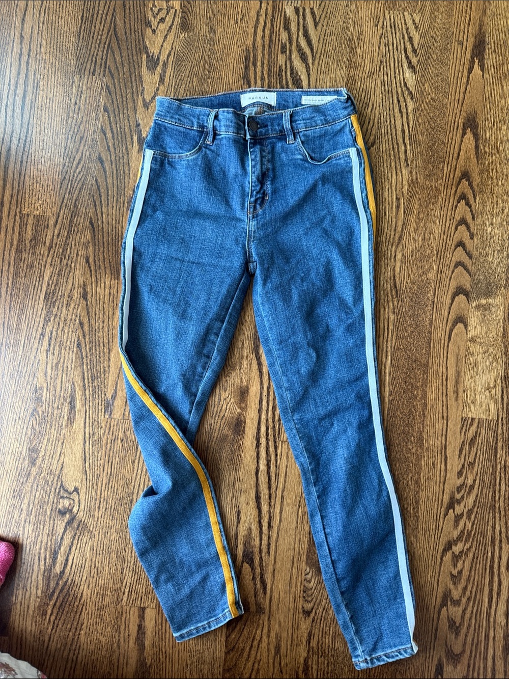 PacSun Blue Skinny Jeans with Yellow & White Side Stripes